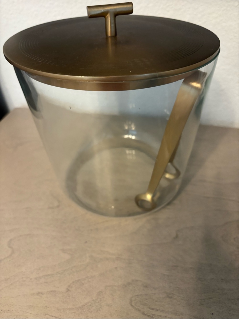 Pottery Barn Bleecker glass Ice Bucket tongs lid with an antique gold finish - Picture 2 of 6